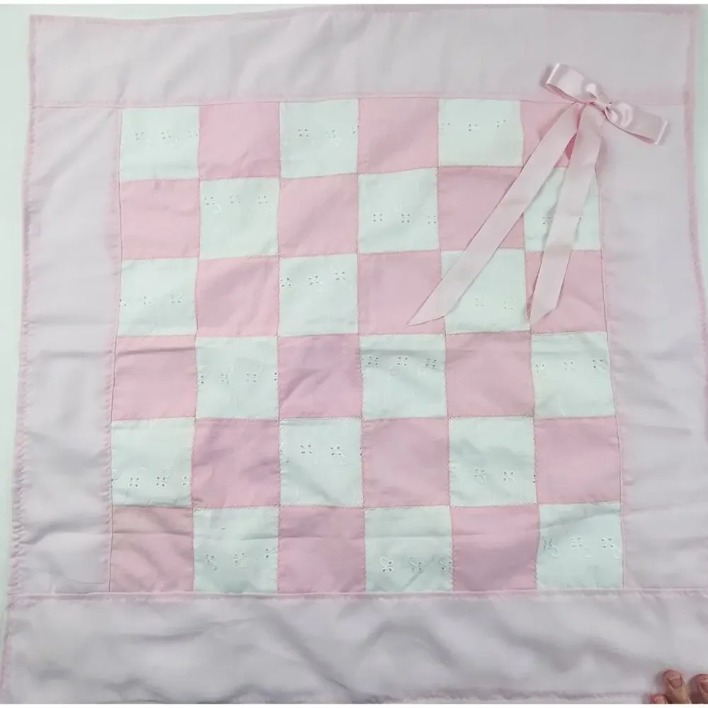 Pink Quilted Blanket Wall Hanging Handmade Country Cottage Baby Bow Eyelet Lace